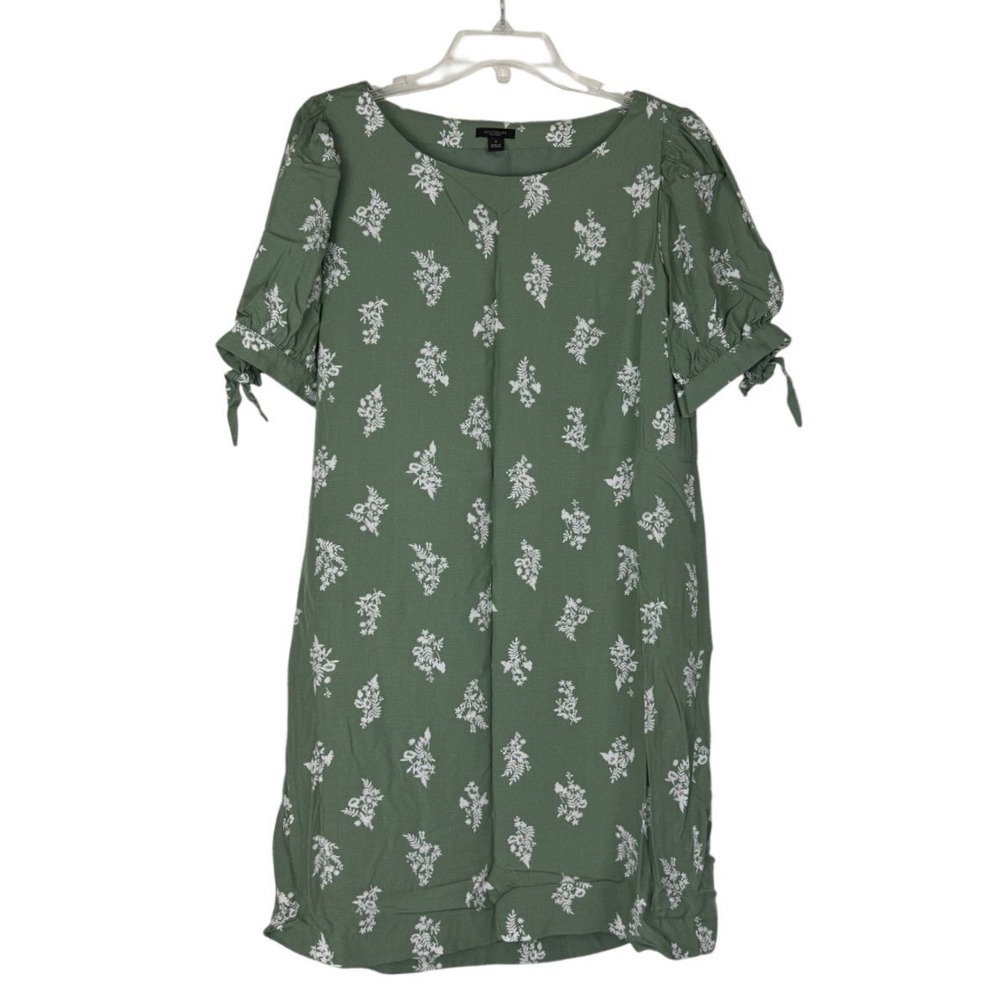 Ann Taylor Green Floral Shift Dress Women's Medium Puff Sleeve Bow Cottagecore